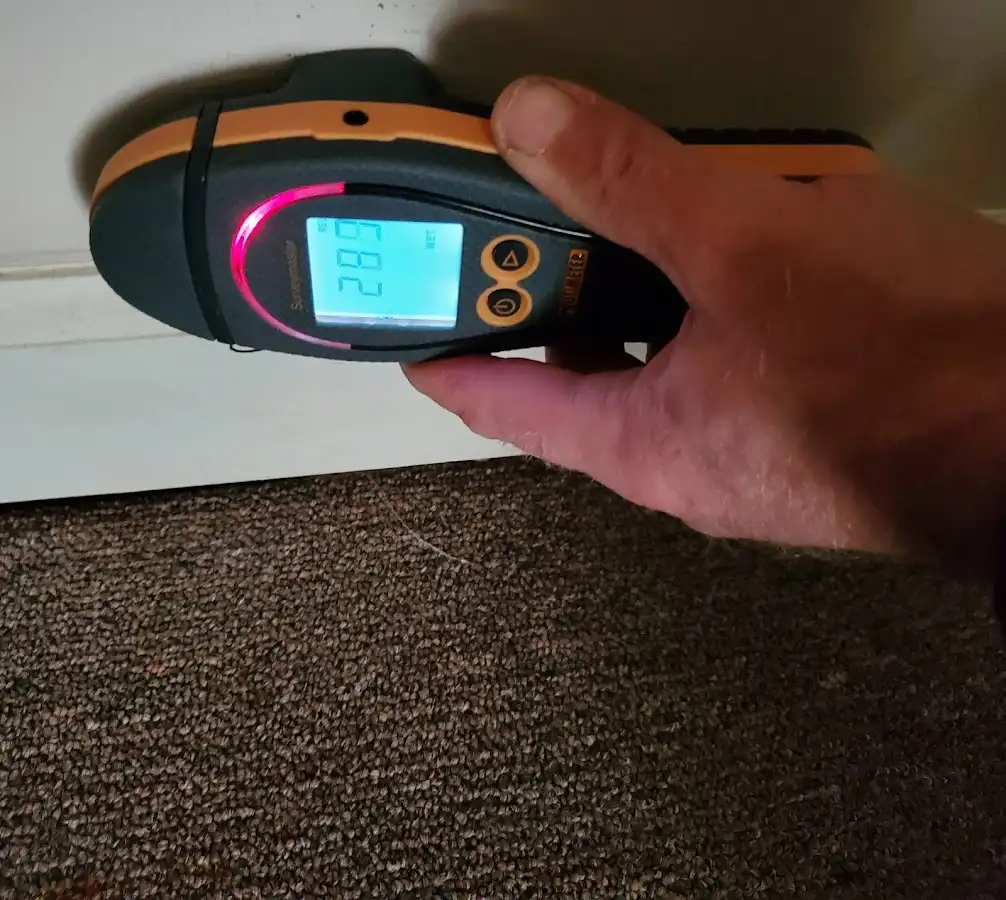 Moisture detection at baseboard during Storm Damage Restoration in Wixom